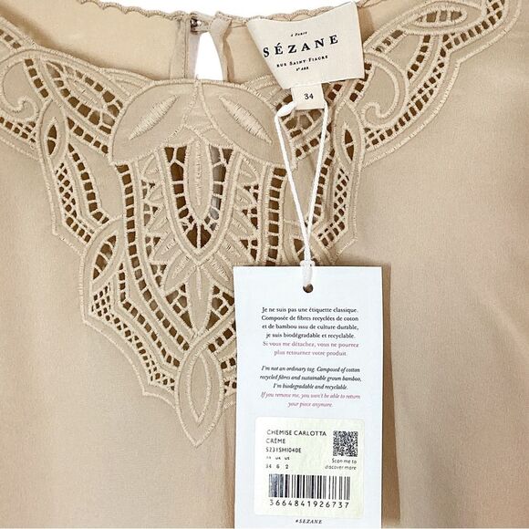 SEZANE Carlotta Blouse Size 34 US 2 NWT Cream Open Lace Longsleeve Top Shirt - Picture 4 of 9